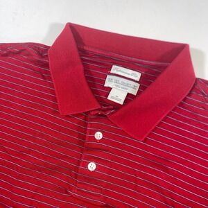 WH Belk Mens Performance Polo Shirt Red Blue Striped Cotton Size M Short Sleeve